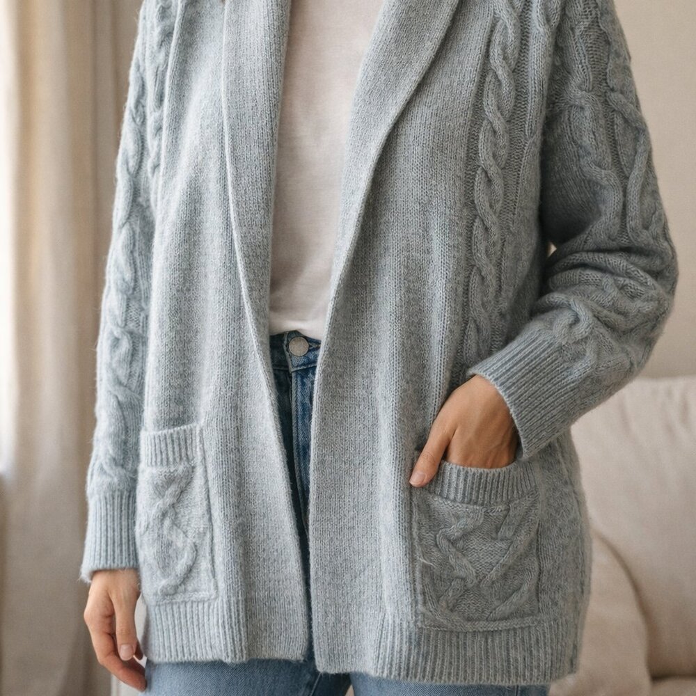 Adrienne Vittadini Vintage Cable Knit Wool Angora Cardigan Oversize Small